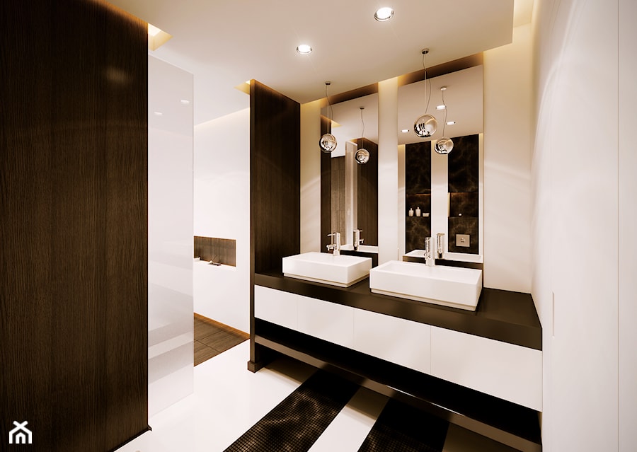 Leszczynowa - łazienka - Średnia bez okna z lustrem z dwoma umywalkami z punktowym oświetleniem łazienka, styl nowoczesny - zdjęcie od kaim.work