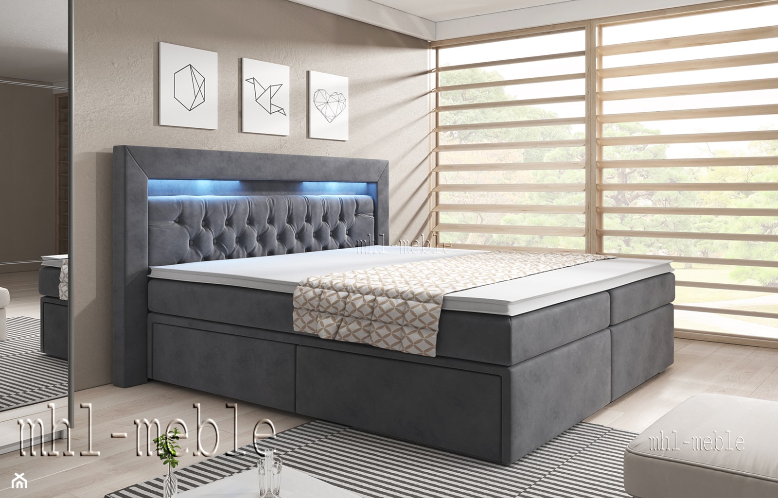 ARONA - łóżko kontynentalne z LED i pikowaniem Chesterfield - zdjęcie od MHL MEBLE - Homebook