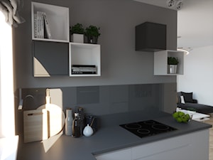 Mieszkanie 50 m2 w Krakowie - Mała otwarta z salonem biała szara z zabudowaną lodówką kuchnia w kszt ... - zdjęcie od VINSO Projektowanie Wnętrz