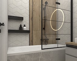 Skandynawska łazienka z czarnymi dodatkami - Mała biała brązowa łazienka w bloku, styl skandynawski - zdjęcie od VINSO Projektowanie Wnętrz - Homebook
