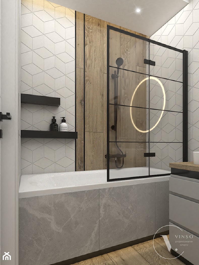 Skandynawska łazienka z czarnymi dodatkami - Mała łazienka, styl skandynawski - zdjęcie od VINSO Projektowanie Wnętrz - Homebook