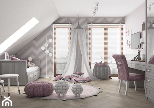 Różowy pokój dla księżniczki - Duży biały szary pokój dziecka dla nastolatka dla dziewczynki, styl glamour - zdjęcie od VINSO Projektowanie Wnętrz