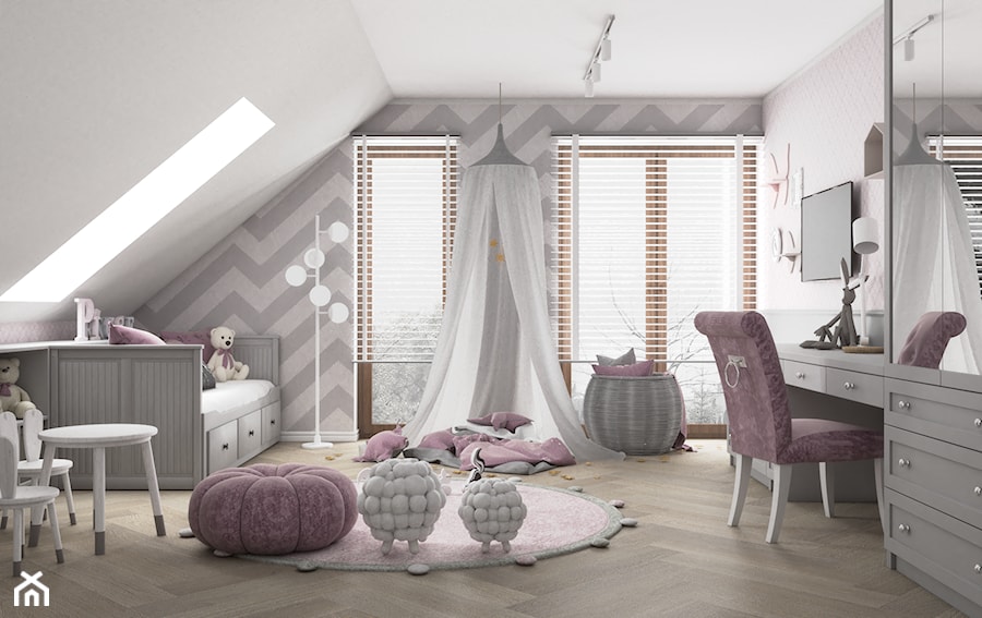 Różowy pokój dla księżniczki - Duży biały szary pokój dziecka dla nastolatka dla dziewczynki, styl glamour - zdjęcie od VINSO Projektowanie Wnętrz