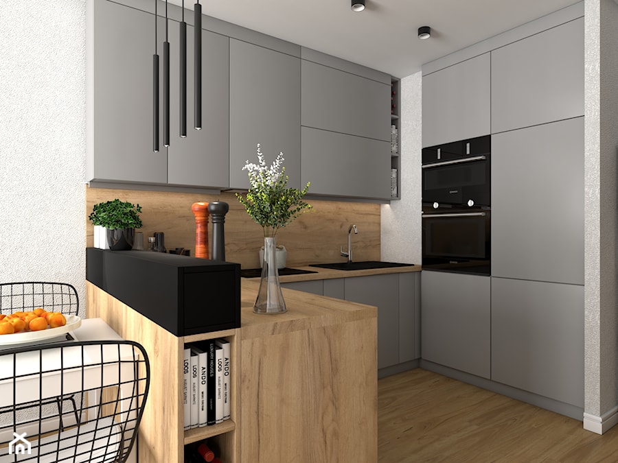 Kuchnia w dwóch wersjach w małym mieszkanku - Mała otwarta szara z zabudowaną lodówką z nablatowym zlewozmywakiem kuchnia w kształcie litery u, styl nowoczesny - zdjęcie od VINSO Projektowanie Wnętrz