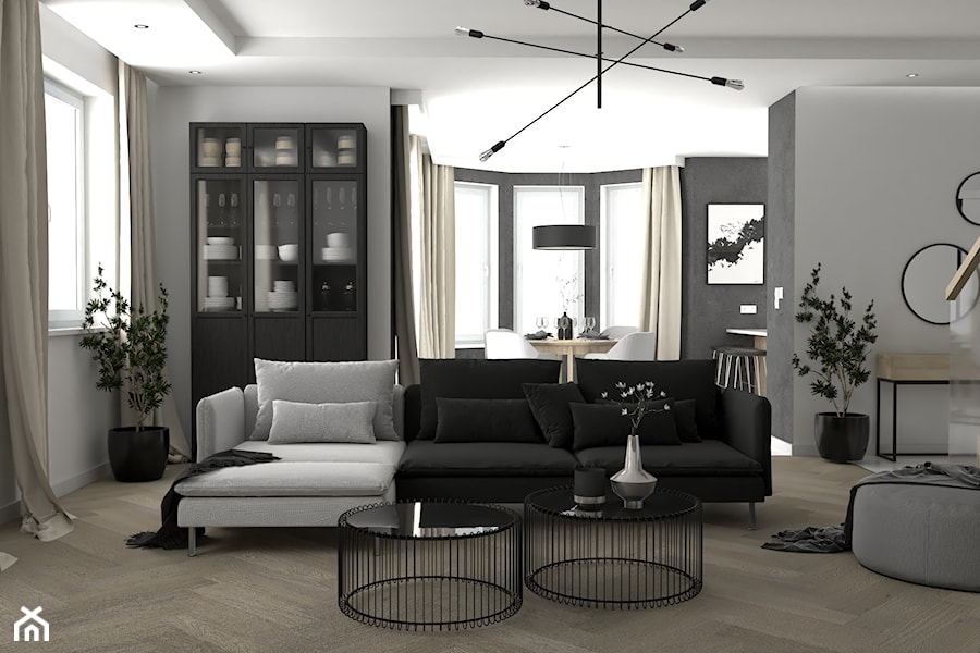Dom w Woli Rzędzińskiej - Średni czarny szary salon, styl nowoczesny - zdjęcie od VINSO Projektowanie Wnętrz