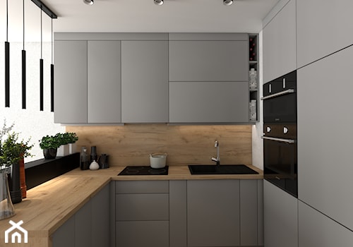 Kuchnia w dwóch wersjach w małym mieszkanku - Średnia otwarta z zabudowaną lodówką z nablatowym zlewozmywakiem kuchnia w kształcie litery u z marmurem nad blatem kuchennym, styl nowoczesny - zdjęcie od VINSO Projektowanie Wnętrz