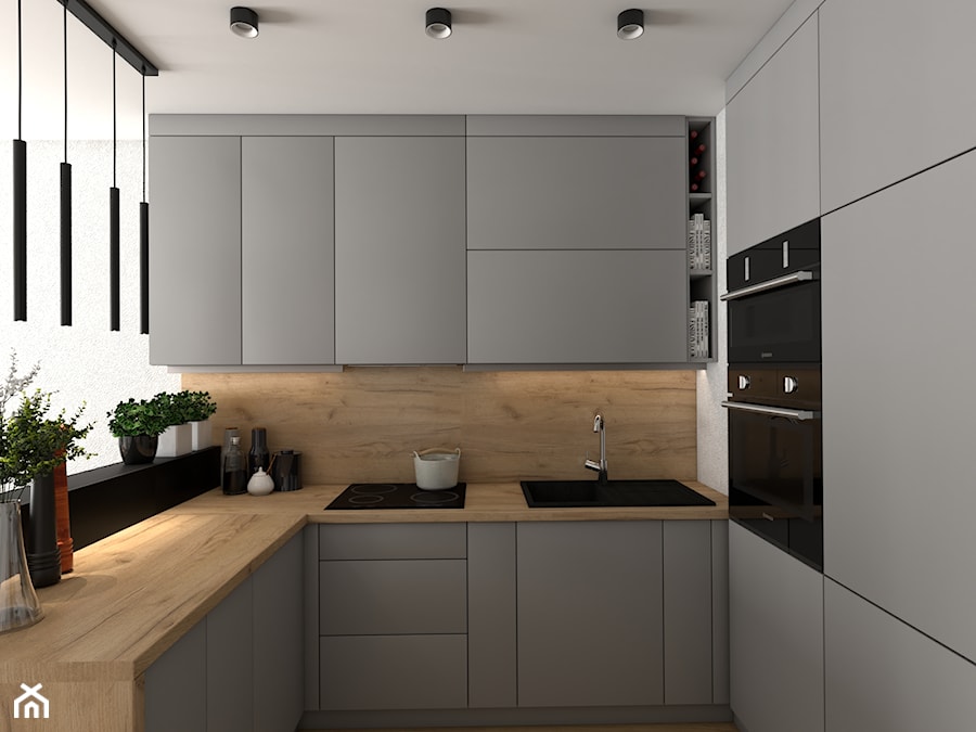 Kuchnia w dwóch wersjach w małym mieszkanku - Średnia otwarta z zabudowaną lodówką z nablatowym zlewozmywakiem kuchnia w kształcie litery u z marmurem nad blatem kuchennym, styl nowoczesny - zdjęcie od VINSO Projektowanie Wnętrz