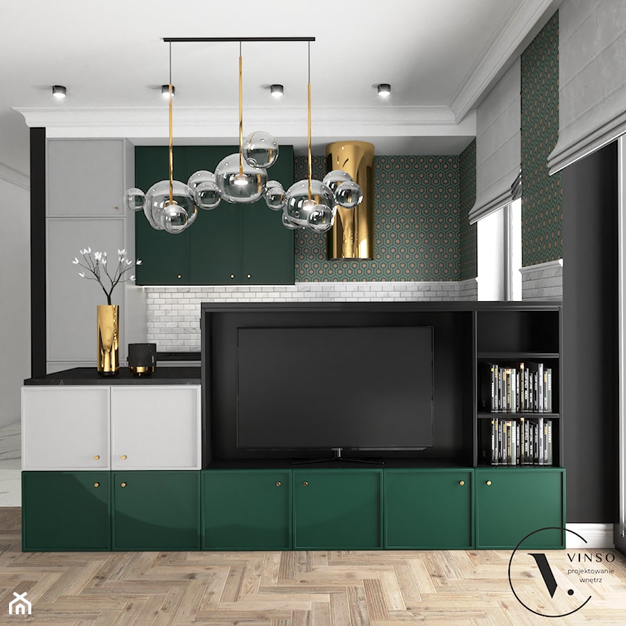 Kuchnia w kolorach butelkowej zieleni - Kuchnia, styl glamour - zdjęcie od VINSO Projektowanie Wnętrz