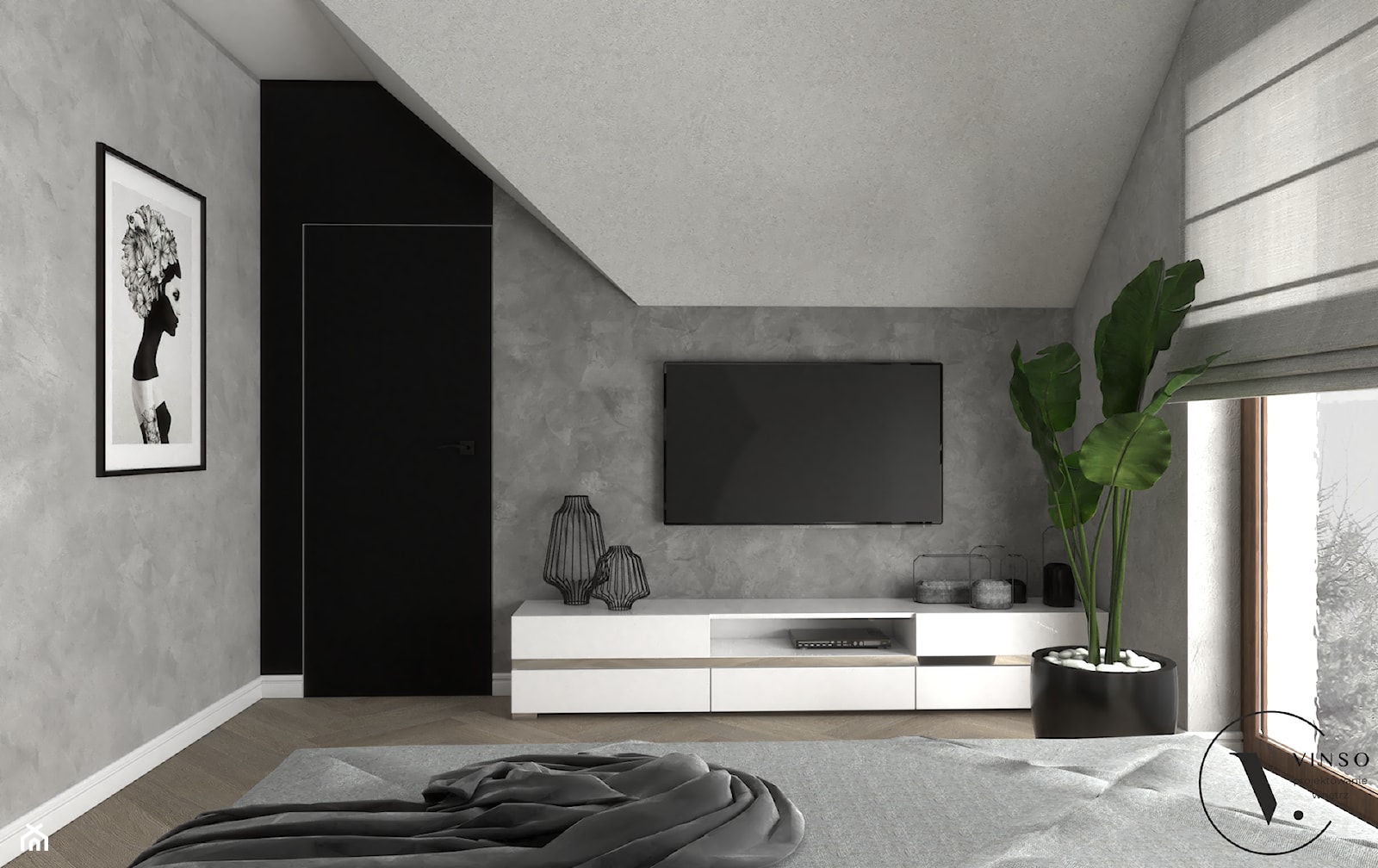 Sypialnia w wersji black &white - Sypialnia, styl minimalistyczny - zdjęcie od VINSO Projektowanie Wnętrz - Homebook