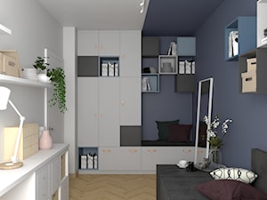Mieszkanie na wynajem w Krakowie - inwestycja Pianissimo - Mała biała niebieska z biurkiem sypialnia, styl nowoczesny - zdjęcie od VINSO Projektowanie Wnętrz