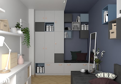 Mieszkanie na wynajem w Krakowie - inwestycja Pianissimo - Mała biała niebieska z biurkiem sypialnia ... - zdjęcie od VINSO Projektowanie Wnętrz