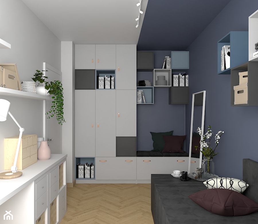 Mieszkanie na wynajem w Krakowie - inwestycja Pianissimo - Mała biała niebieska z biurkiem sypialnia, styl nowoczesny - zdjęcie od VINSO Projektowanie Wnętrz