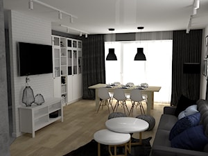 Dom w stylu skandynawskim w Luborzycy - Średni biały szary salon z jadalnią z bibiloteczką, styl sk ... - zdjęcie od VINSO Projektowanie Wnętrz