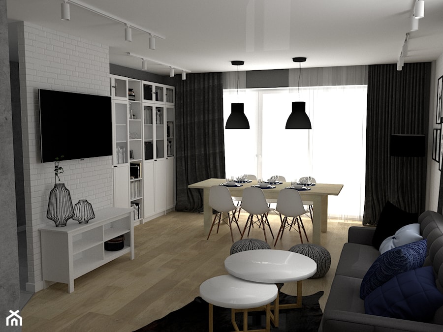 Dom w stylu skandynawskim w Luborzycy - Średni biały szary salon z jadalnią z bibiloteczką, styl skandynawski - zdjęcie od VINSO Projektowanie Wnętrz