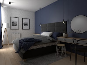 Mieszkanie na wynajem w Krakowie - Średnia niebieska szara z biurkiem sypialnia z balkonem / tarasem ... - zdjęcie od VINSO Projektowanie Wnętrz