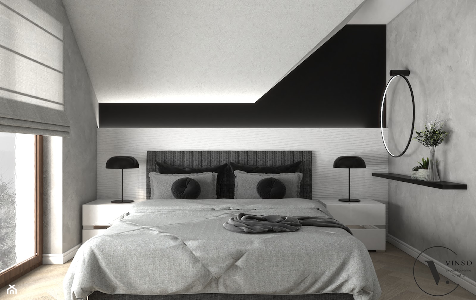 Sypialnia w wersji black &white - Sypialnia, styl minimalistyczny - zdjęcie od VINSO Projektowanie Wnętrz - Homebook