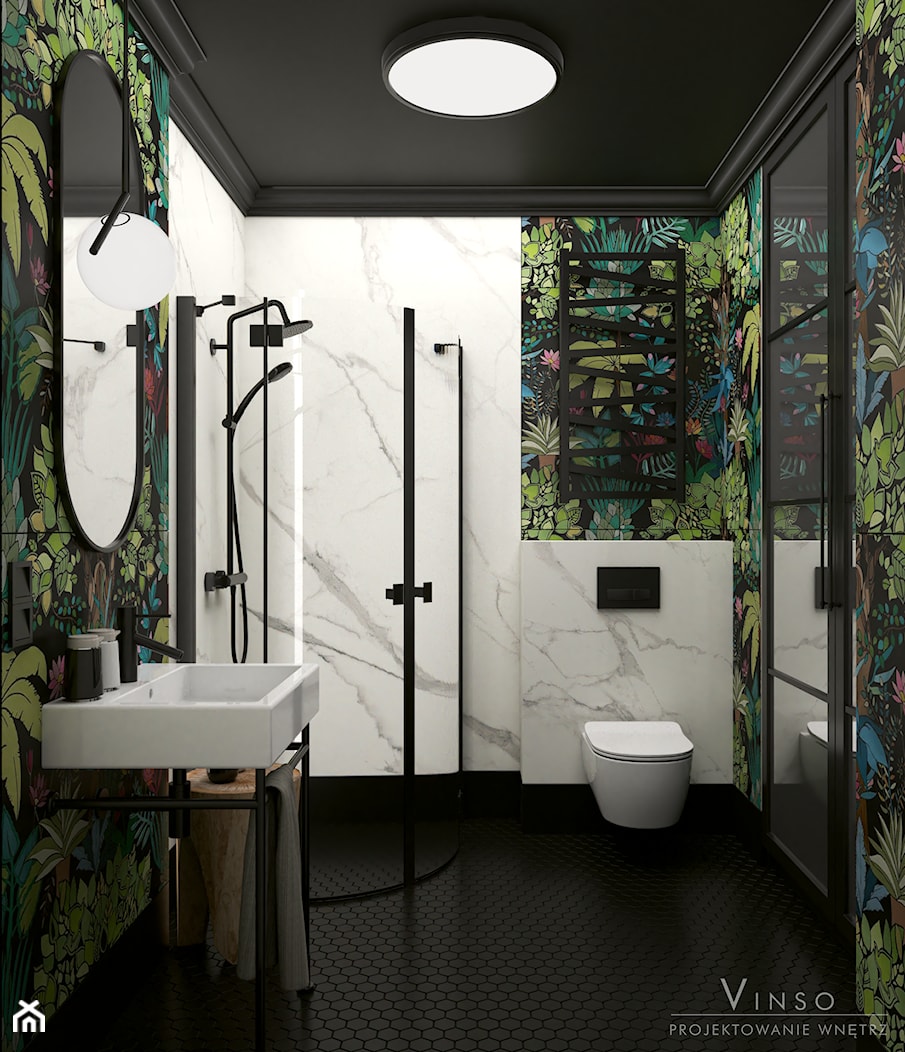 Stylowa łazienka z czarnym sufitem - Łazienka, styl nowoczesny - zdjęcie od VINSO Projektowanie Wnętrz - Homebook