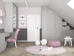 Różowy pokój dla księżniczki - Duży beżowy biały brązowy szary pokój dziecka dla nastolatka dla dziewczynki, styl glamour - zdjęcie od VINSO Projektowanie Wnętrz