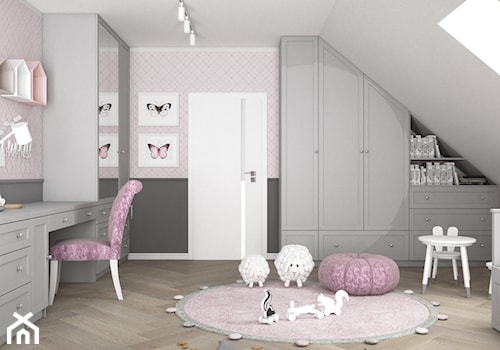 Różowy pokój dla księżniczki - Duży beżowy biały brązowy szary pokój dziecka dla nastolatka dla dzie ... - zdjęcie od VINSO Projektowanie Wnętrz