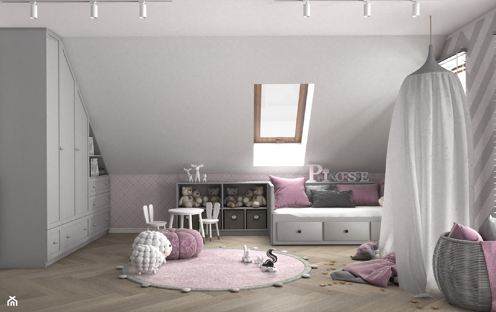 Różowy pokój dla księżniczki - Duży biały szary pokój dziecka dla dziecka dla dziewczynki, styl glamour - zdjęcie od VINSO Projektowanie Wnętrz - Homebook