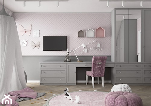 Różowy pokój dla księżniczki - Duży różowy szary pokój dziecka dla dziecka dla dziewczynki, styl gl ... - zdjęcie od VINSO Projektowanie Wnętrz