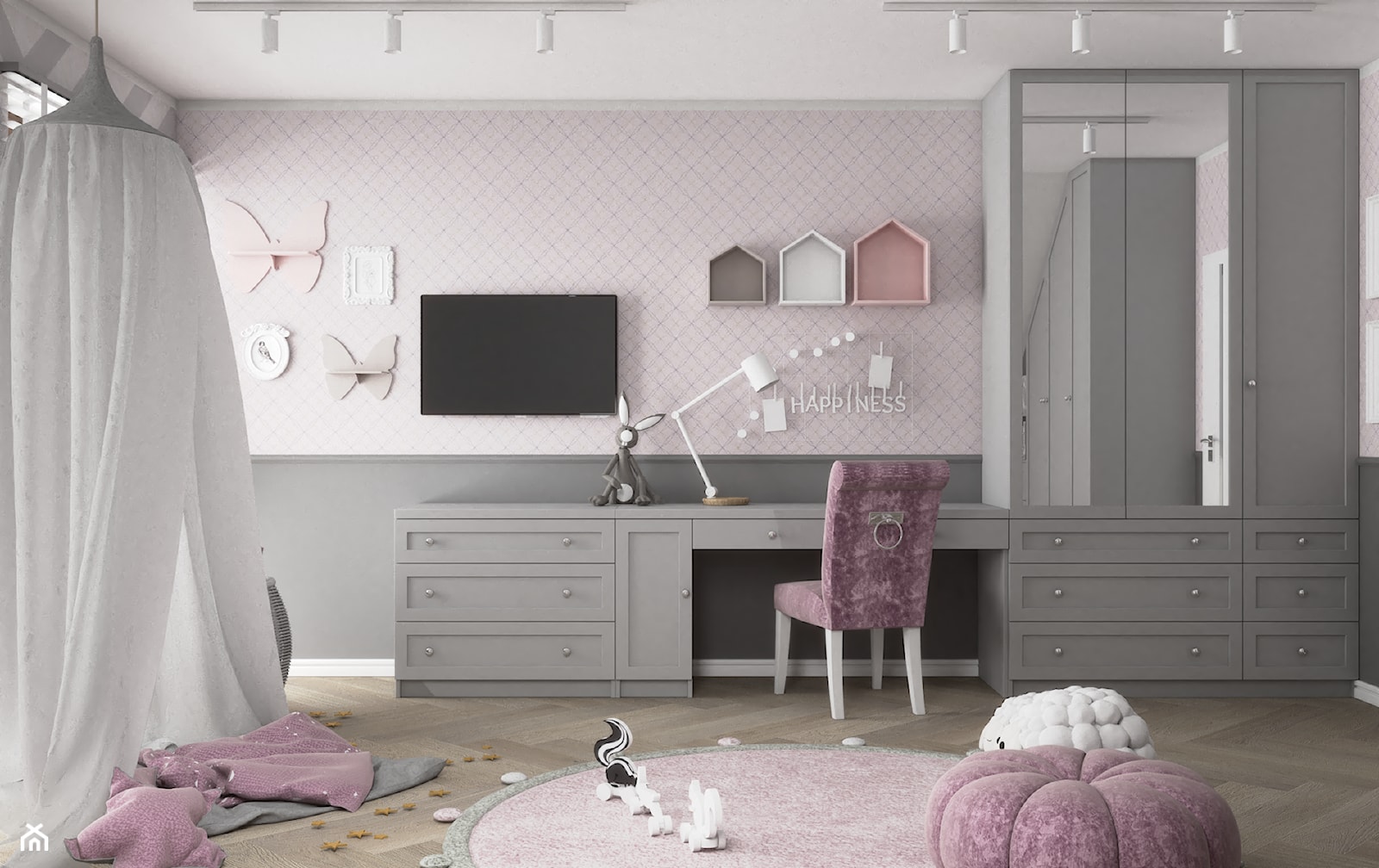Różowy pokój dla księżniczki - Duży różowy szary pokój dziecka dla dziecka dla dziewczynki, styl glamour - zdjęcie od VINSO Projektowanie Wnętrz - Homebook
