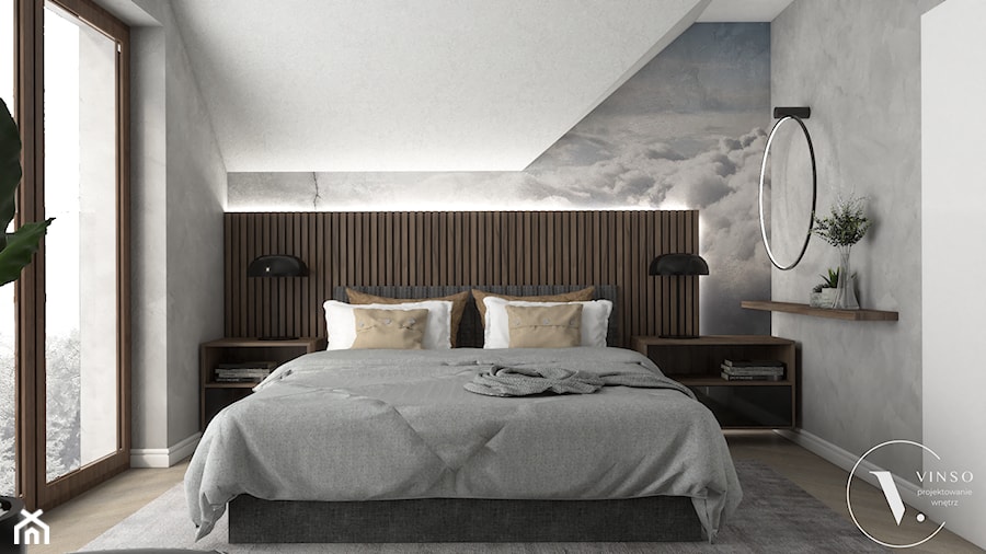 Elegancka sypialnia w 2 wersjach - Średnia biała szara sypialnia z balkonem / tarasem, styl nowoczesny - zdjęcie od VINSO Projektowanie Wnętrz