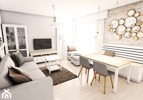 Aranżacja mieszkania w Pruszczu Gdańskim - Średni biały salon z jadalnią, styl skandynawski - zdjęcie od Szlachta Pracownia Projektowa