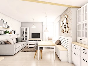 Aranżacja mieszkania w Pruszczu Gdańskim - Średni biały szary salon z jadalnią, styl skandynawski - zdjęcie od Szlachta Pracownia Projektowa