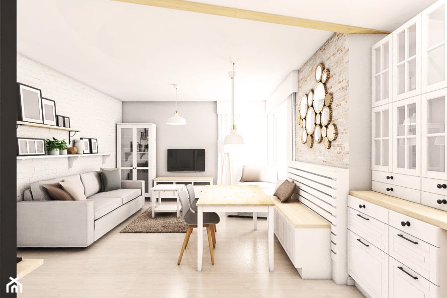Aranżacja mieszkania w Pruszczu Gdańskim - Średni biały szary salon z jadalnią, styl skandynawski - zdjęcie od Szlachta Pracownia Projektowa