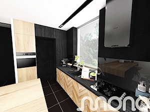 Aranżacja wnętrza domu w Konarzynkach - Średnia beżowa czarna z zabudowaną lodówką z podblatowym zlewozmywakiem kuchnia jednorzędowa z wyspą lub półwyspem, styl nowoczesny - zdjęcie od Szlachta Pracownia Projektowa