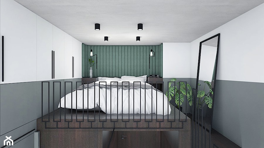 Wrocławski Szyk - Mała biała szara sypialnia na poddaszu, styl nowoczesny - zdjęcie od Szlachta Pracownia Projektowa