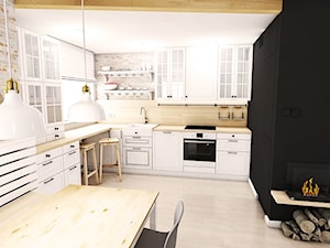 Duża otwarta czarna z zabudowaną lodówką z nablatowym zlewozmywakiem kuchnia w kształcie litery l z kompozytem na ścianie nad blatem kuchennym, styl skandynawski - zdjęcie od Szlachta Pracownia Projektowa