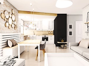 Aranżacja mieszkania w Pruszczu Gdańskim - Mała beżowa jadalnia w salonie w kuchni, styl skandynawski - zdjęcie od Szlachta Pracownia Projektowa