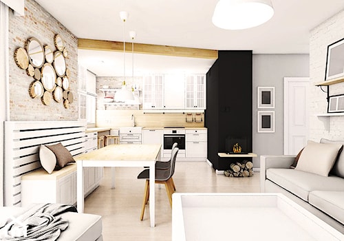 Aranżacja mieszkania w Pruszczu Gdańskim - Mała beżowa jadalnia w salonie w kuchni, styl skandynawski - zdjęcie od Szlachta Pracownia Projektowa