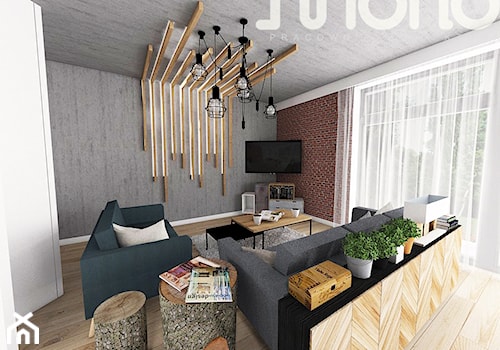 Aranżacja wnętrza domu w Konarzynkach - Średni biały brązowy szary salon, styl skandynawski - zdjęcie od Szlachta Pracownia Projektowa