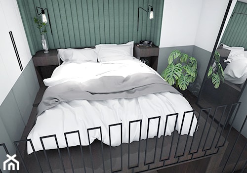 Wrocławski Szyk - Mała biała szara zielona sypialnia na antresoli, styl nowoczesny - zdjęcie od Szlachta Pracownia Projektowa