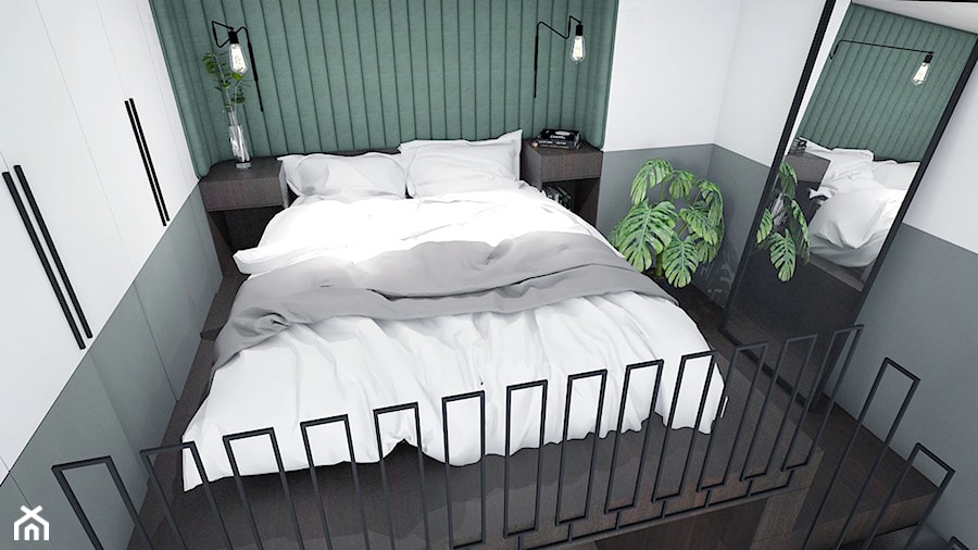 Wrocławski Szyk - Mała biała szara zielona sypialnia na antresoli, styl nowoczesny - zdjęcie od Szlachta Pracownia Projektowa