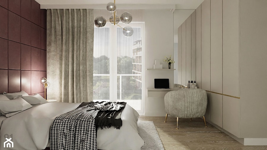 KRAKÓW_49m2 - Średnia biała z biurkiem sypialnia z balkonem / tarasem, styl nowoczesny - zdjęcie od 91m2 Architektura Wnętrz