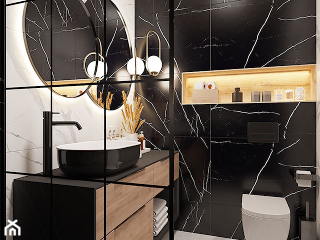 Black/white/wood bathroom 