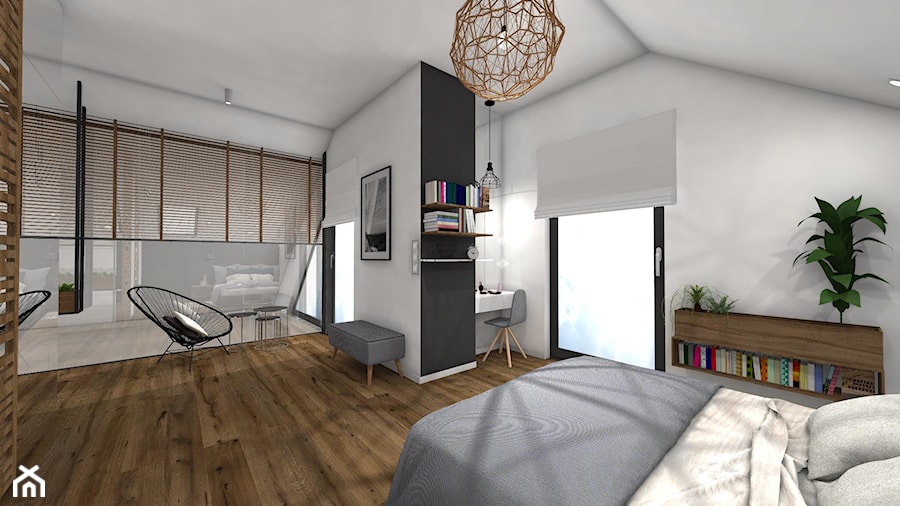 DOM pod Poznaniem - Duża biała czarna z biurkiem sypialnia na poddaszu - zdjęcie od Pracownia Projektowa Małgorzata Roszczewska