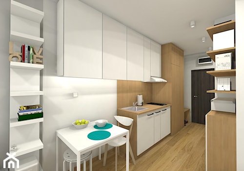 MIKRO APARTAMENT 18,50m2 - Średnia zamknięta szara z zabudowaną lodówką z lodówką wolnostojącą z nablatowym zlewozmywakiem kuchnia dwurzędowa - zdjęcie od Pracownia Projektowa Małgorzata Roszczewska