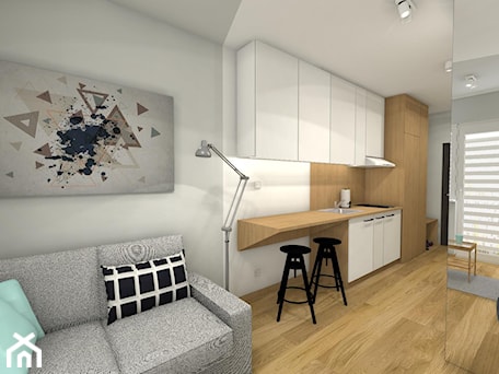 Aranżacje wnętrz - Kuchnia: MIKRO APARTAMENT 18,50m2 - Mała otwarta biała z zabudowaną lodówką z okapem z nablatowym zlewozmywakiem kuchnia jednorzędowa - Pracownia Projektowa Małgorzata Roszczewska. Przeglądaj, dodawaj i zapisuj najlepsze zdjęcia, pomysły i inspiracje designerskie. W bazie mamy już prawie milion fotografii!