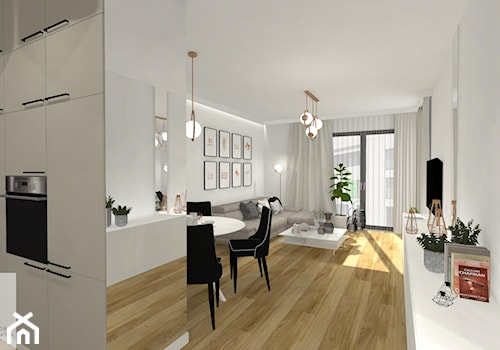 Kobiece mieszkanie - Średni biały salon z kuchnią z jadalnią z tarasem / balkonem - zdjęcie od Pracownia Projektowa Małgorzata Roszczewska