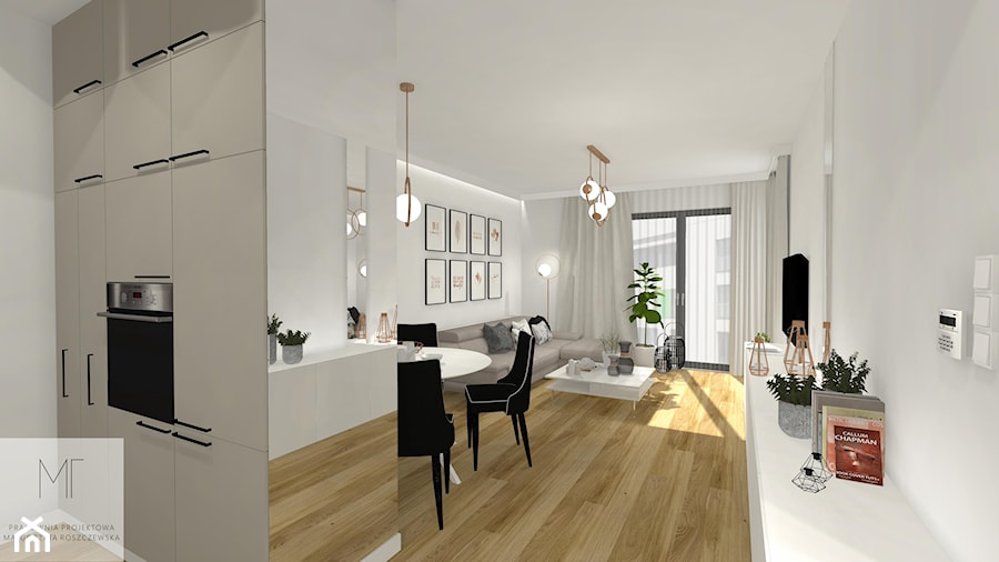 Kobiece mieszkanie - Średni biały salon z kuchnią z jadalnią z tarasem / balkonem - zdjęcie od Pracownia Projektowa Małgorzata Roszczewska