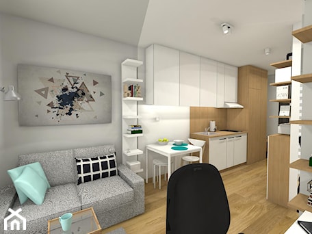 Aranżacje wnętrz - Salon: MIKRO APARTAMENT 18,50m2 - Mały szary salon z kuchnią z jadalnią - Pracownia Projektowa Małgorzata Roszczewska. Przeglądaj, dodawaj i zapisuj najlepsze zdjęcia, pomysły i inspiracje designerskie. W bazie mamy już prawie milion fotografii!