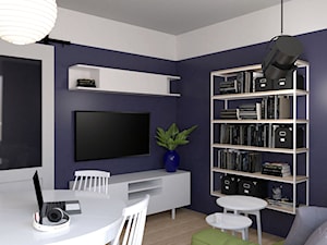 mieszkanie, Kolbudy - projekt - Mały biały niebieski salon z jadalnią z bibiloteczką, styl nowoczesny - zdjęcie od JEDNA DRUGA