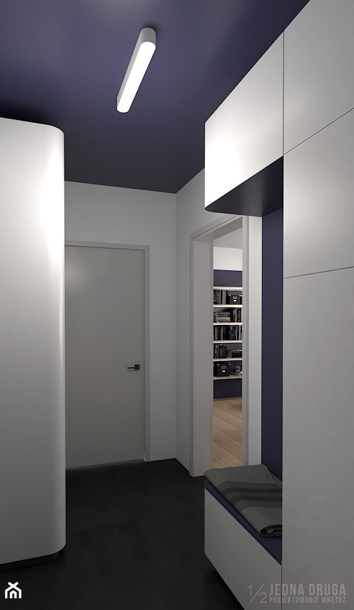 mieszkanie, Kolbudy - projekt - Mały biały niebieski hol / przedpokój, styl minimalistyczny - zdjęcie od JEDNA DRUGA