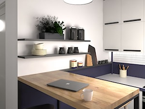 mieszkanie, Kolbudy - projekt - Mała otwarta z salonem biała niebieska kuchnia jednorzędowa z kompozytem na ścianie nad blatem kuchennym, styl minimalistyczny - zdjęcie od JEDNA DRUGA