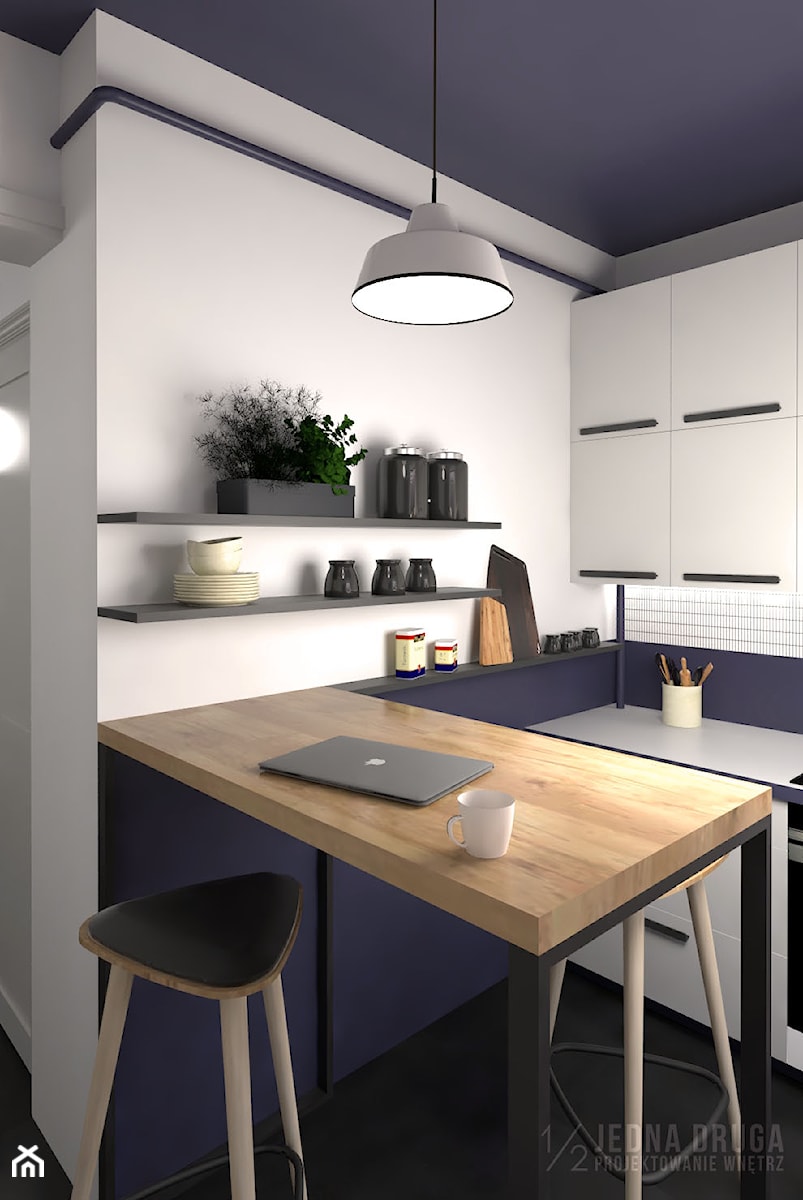 mieszkanie, Kolbudy - projekt - Mała otwarta z salonem biała niebieska kuchnia jednorzędowa z kompozytem na ścianie nad blatem kuchennym, styl minimalistyczny - zdjęcie od JEDNA DRUGA